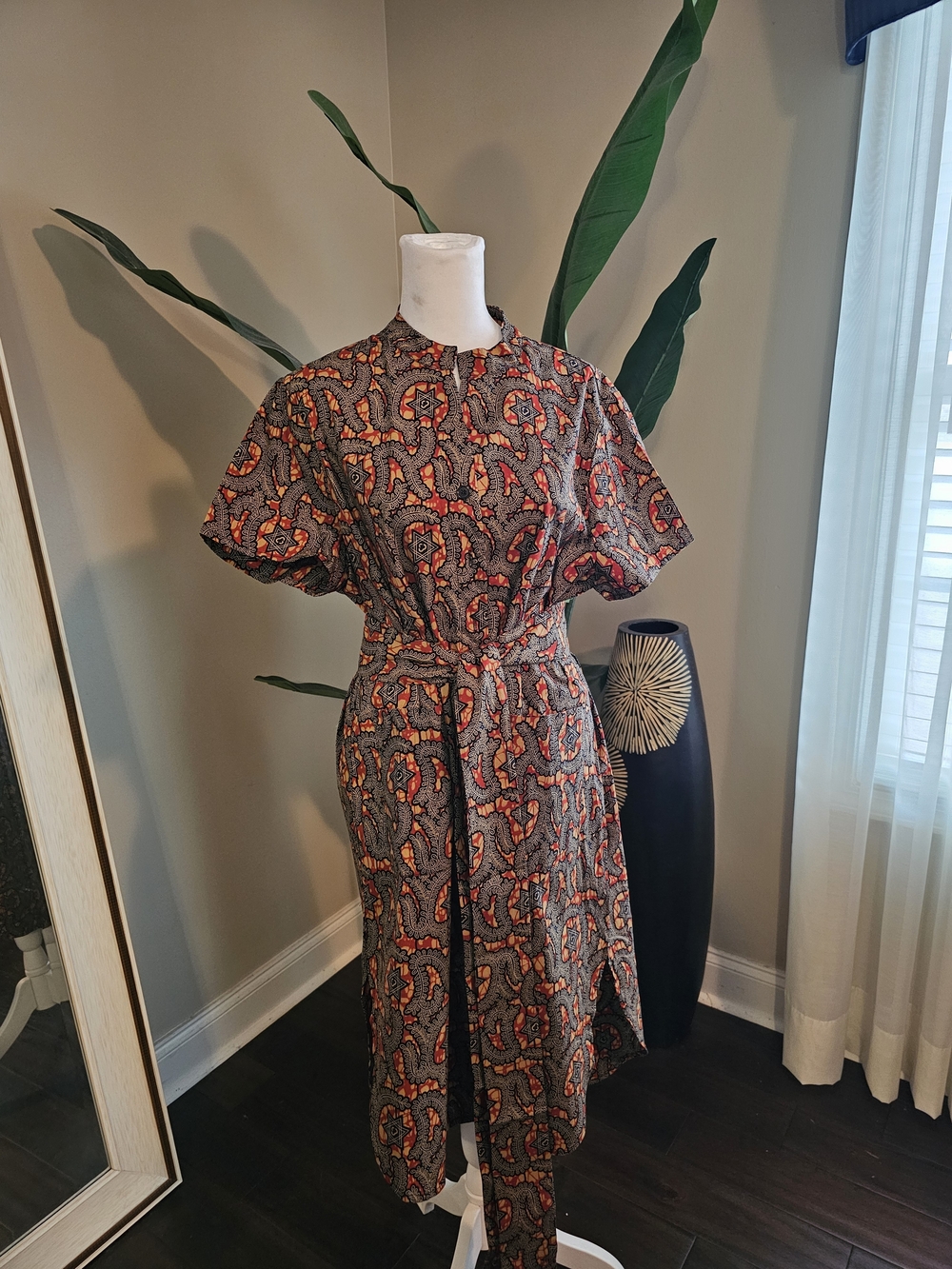 African Print Midi Dress with Tie Waist in Rust and Black